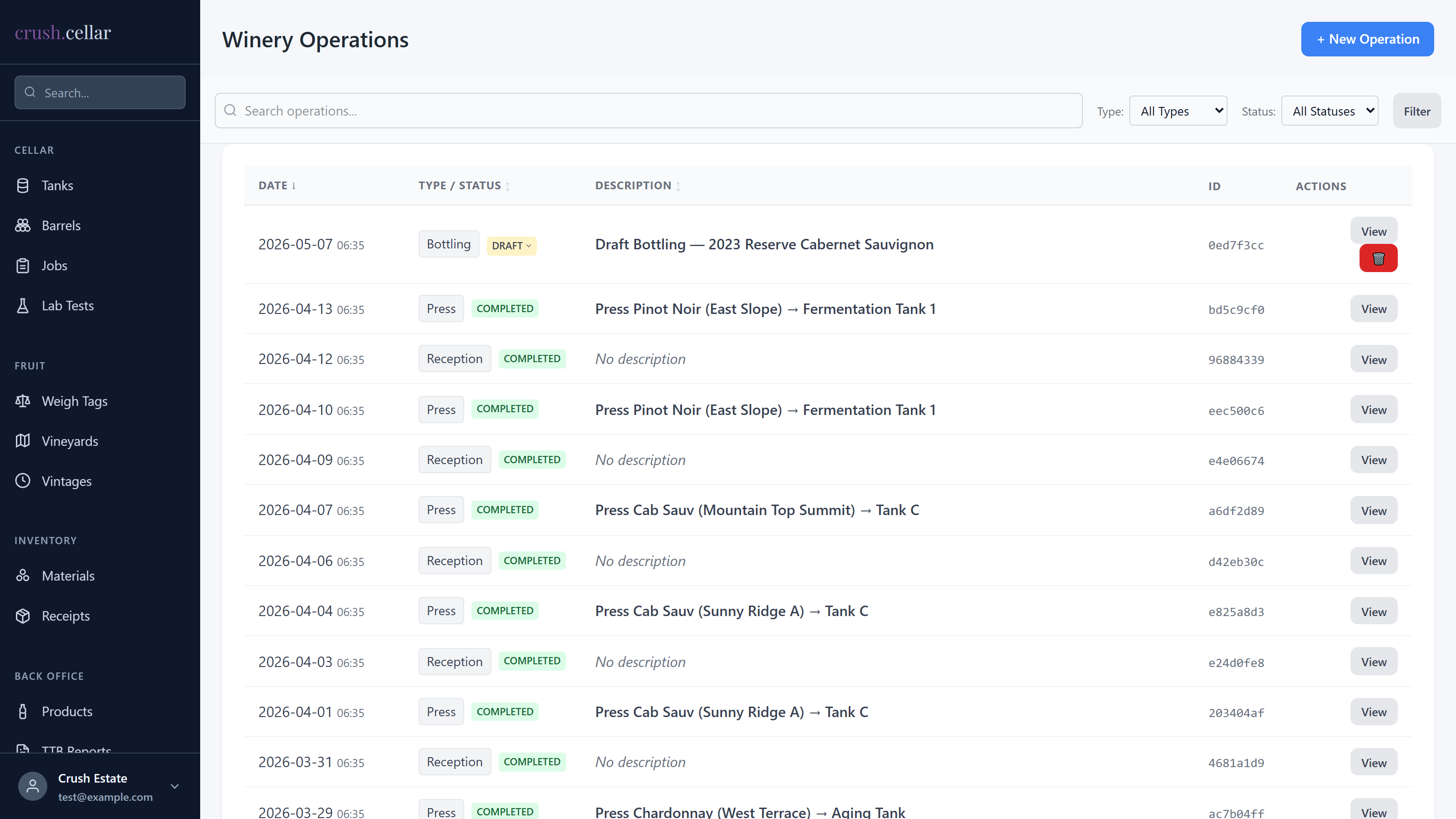 Operation history with timestamps and quantities — the audit trail behind every TTB number