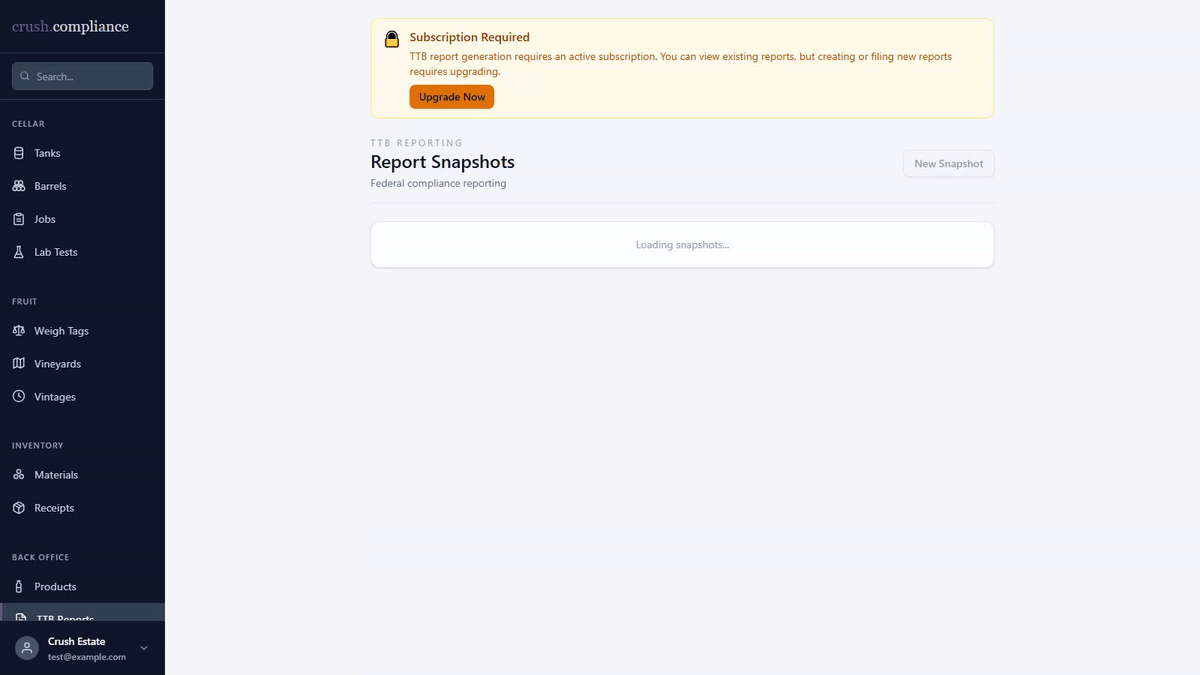 TTB report snapshots: pick a period, generate, review