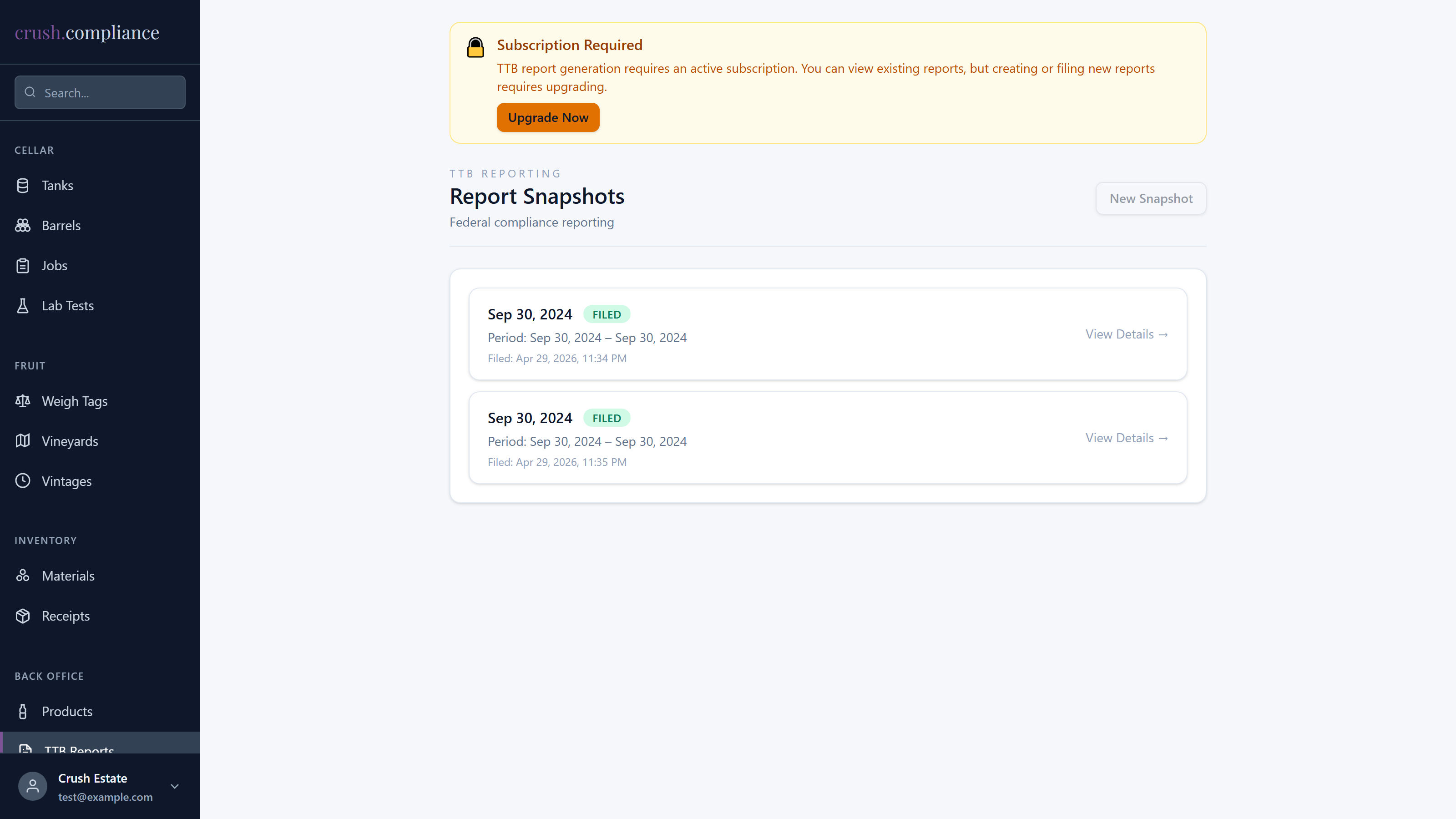 TTB report snapshots — review filed numbers, drill into any line item