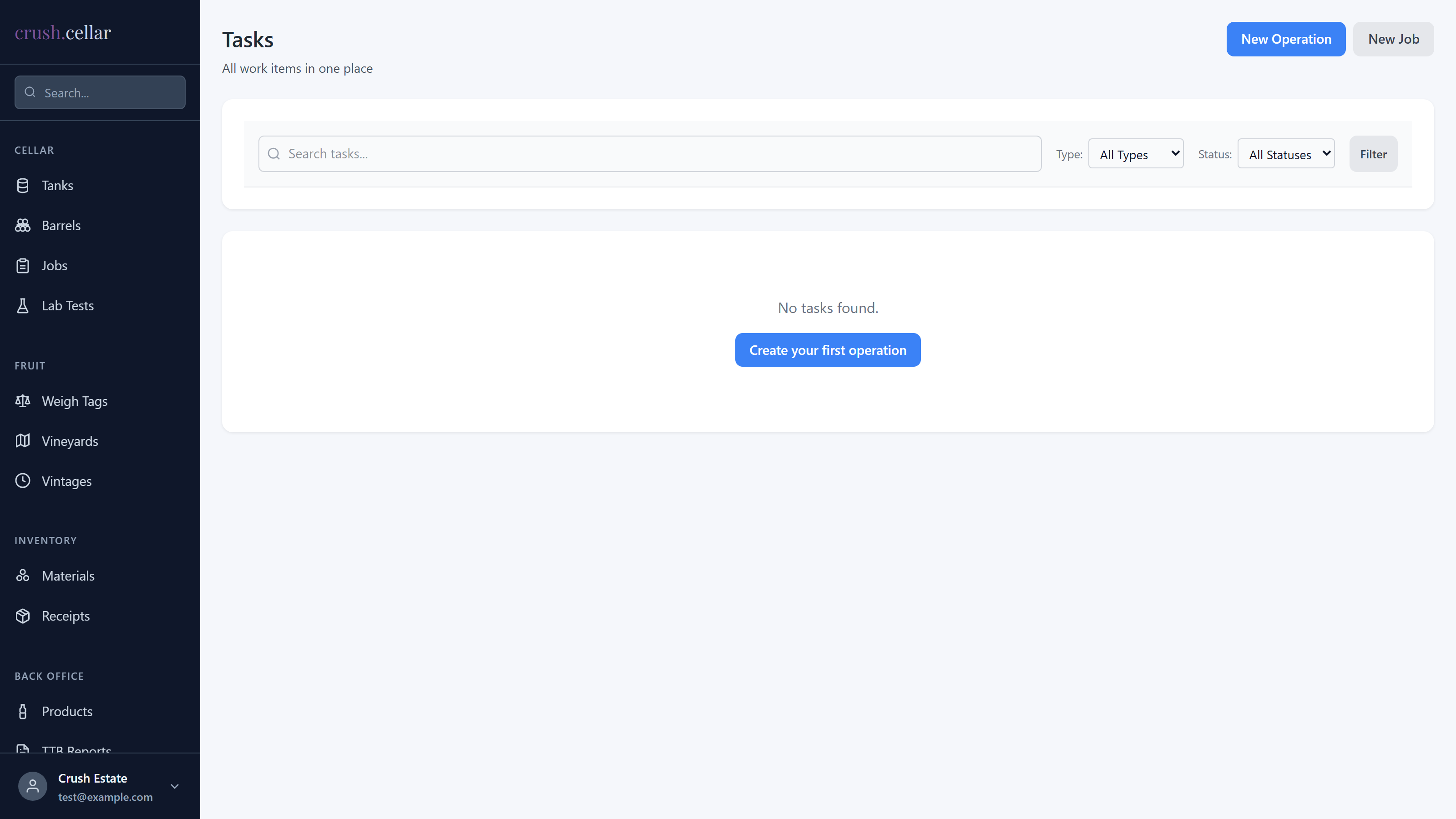 Tasks view — work items assigned to blocks and crew, status visible in real time